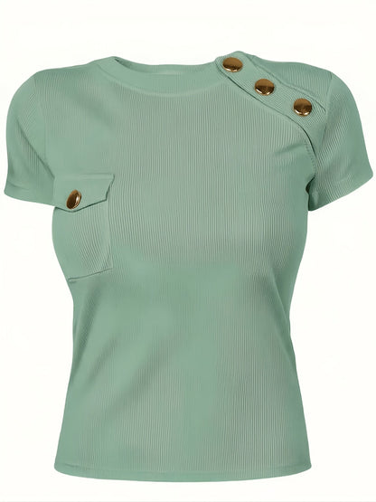 Women's button-accent round-neck short-sleeve t-shirt in white and black, full-length view
