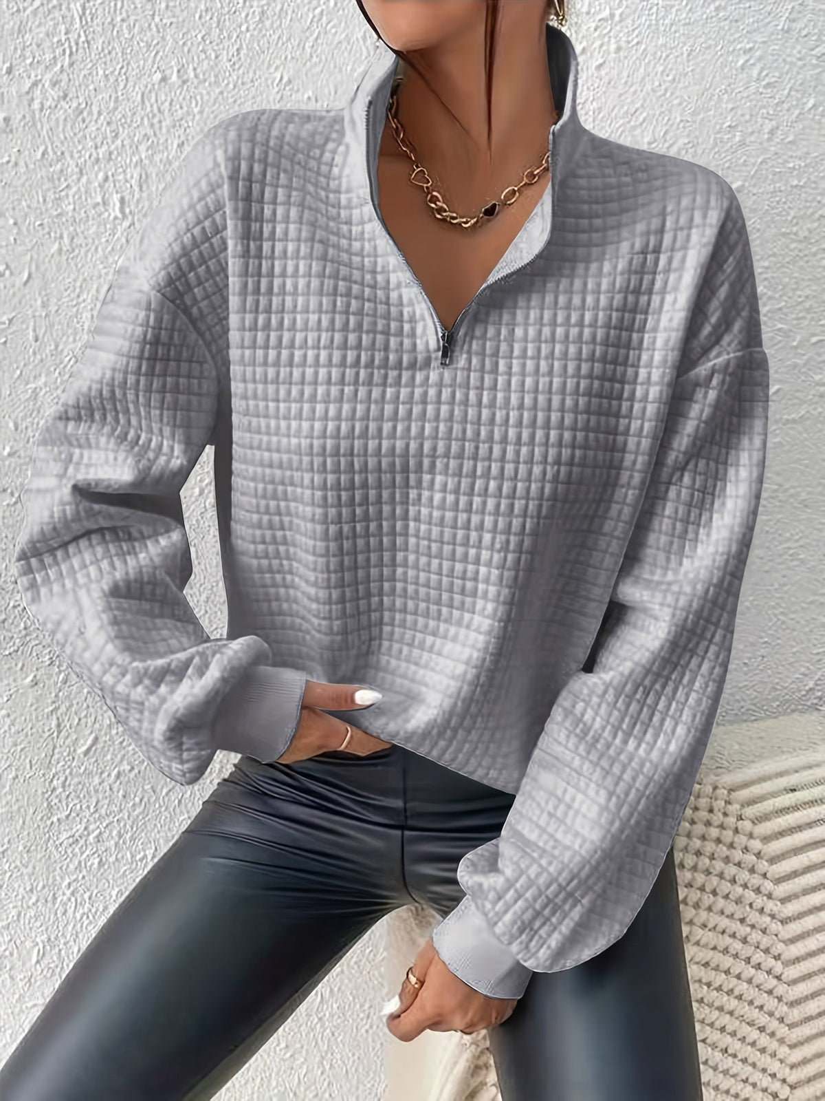 Kessoro women's relaxed quarter-zip stand collar pullover in white, deep red, grey, black, matcha, pink and light green - view 15 of 19