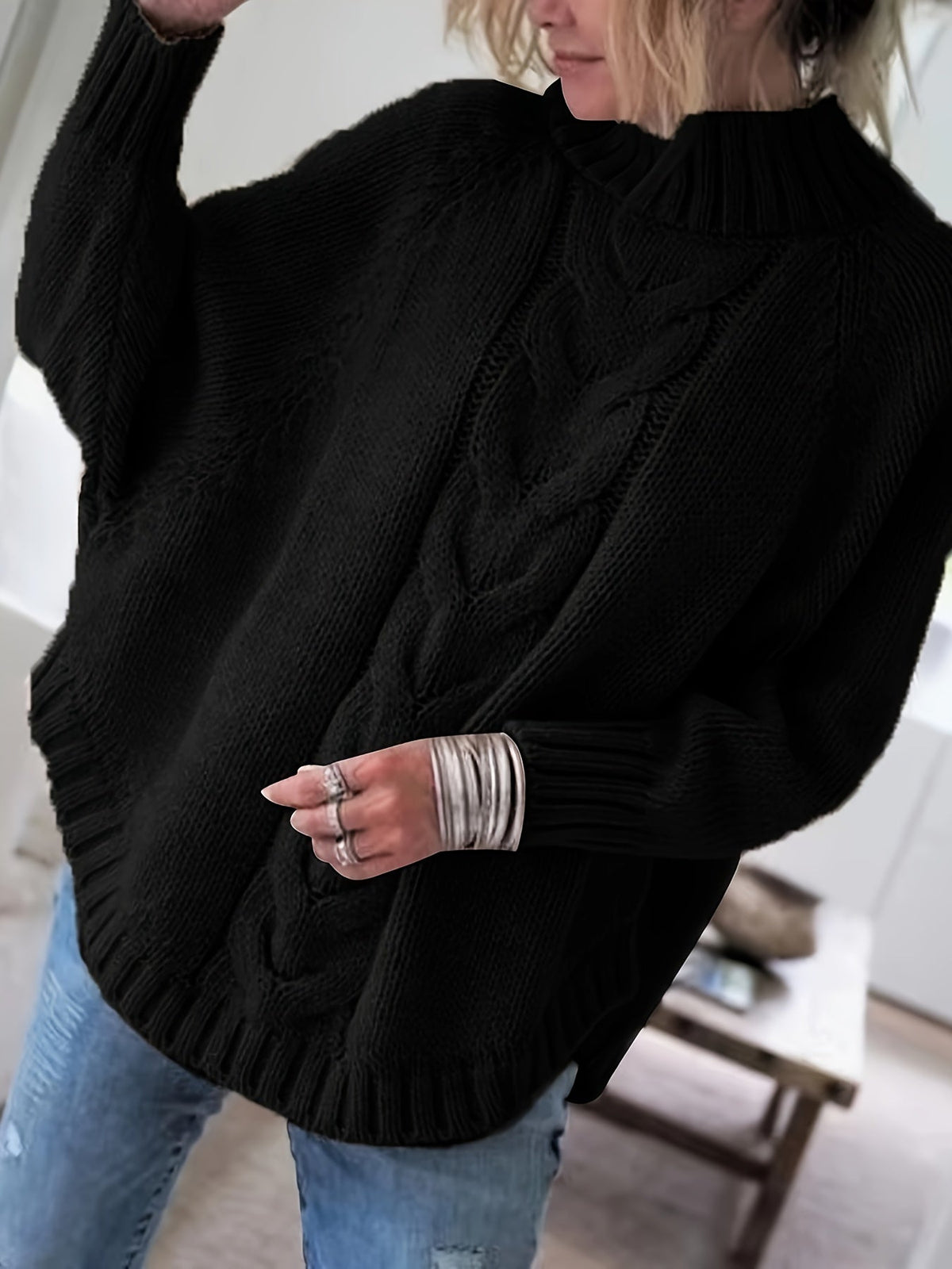 Kessoro women's high-neck cable-knit loose sweater in khaki, grey, pink, black and red – view 2