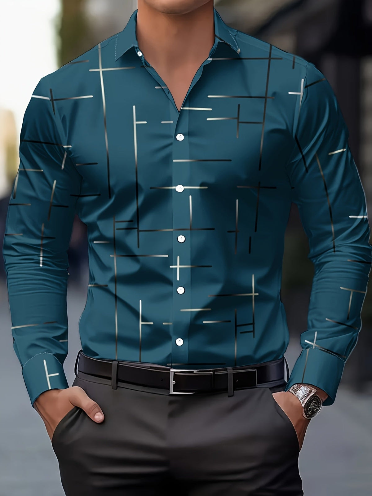 Men's line-print regular fit button-up shirt in navy, malachite green, orange yellow and pink, view 4