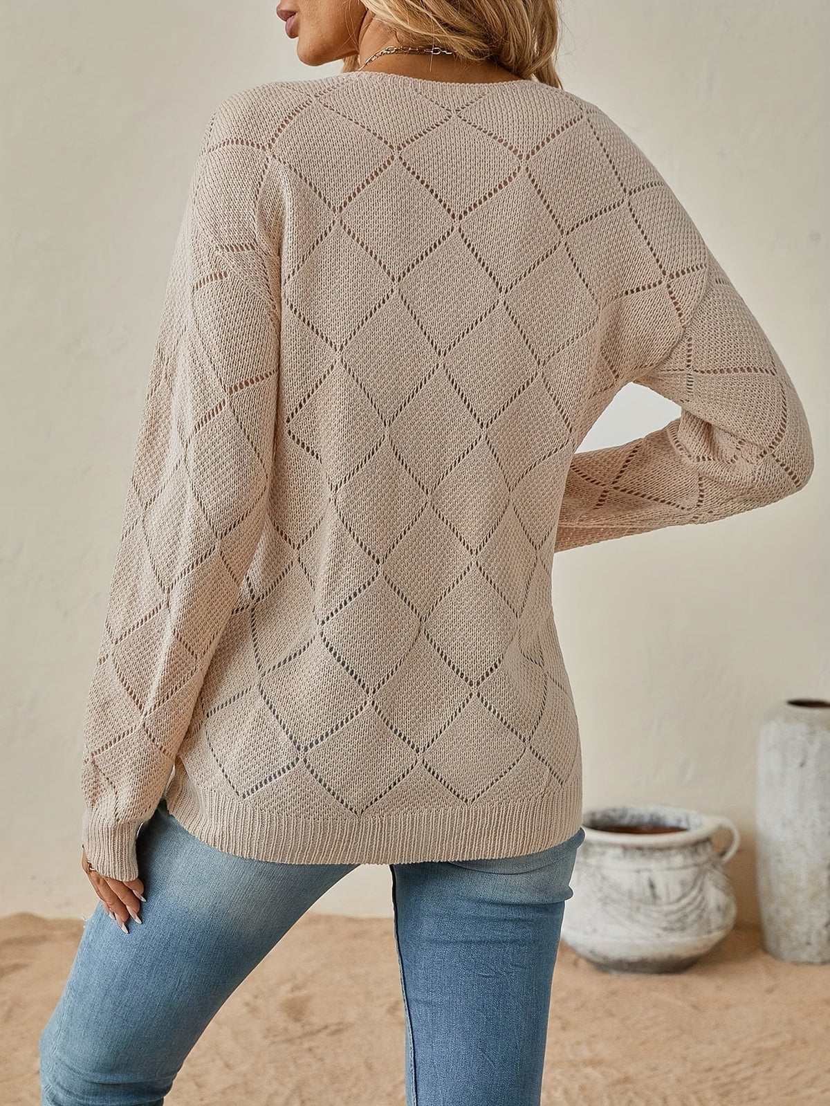 Kessoro women's openwork diamond knit V-neck sweater in black, white, khaki and orange red