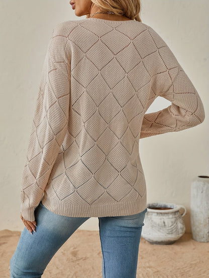 Kessoro women's openwork diamond knit V-neck sweater in black, white, khaki and orange red
