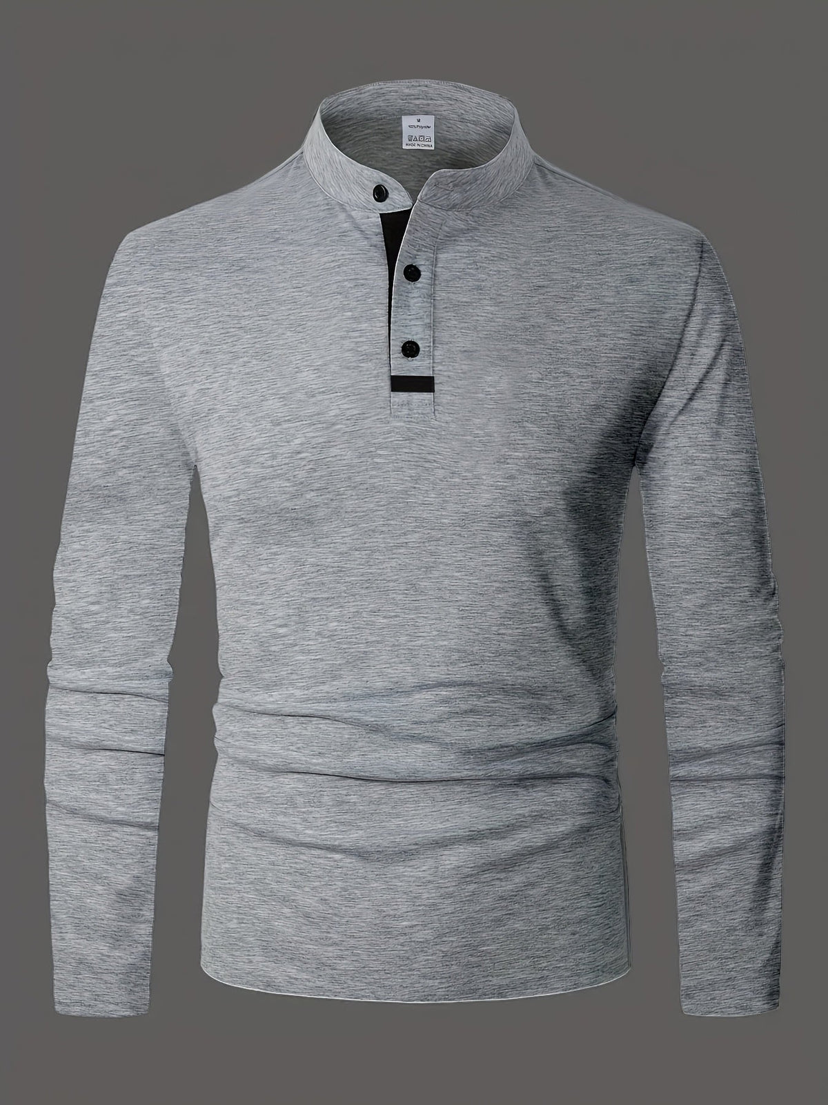 Men's refined long-sleeve button-placket henley shirt in granny gray, matcha green and navy, styled view