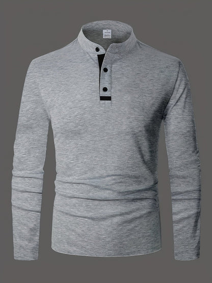 Men's refined long-sleeve button-placket henley shirt in granny gray, matcha green and navy, styled view