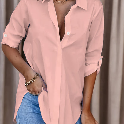 Kessoro Women's relaxed fit roll-tab sleeve collared shirt in white, red, black and more, view 17