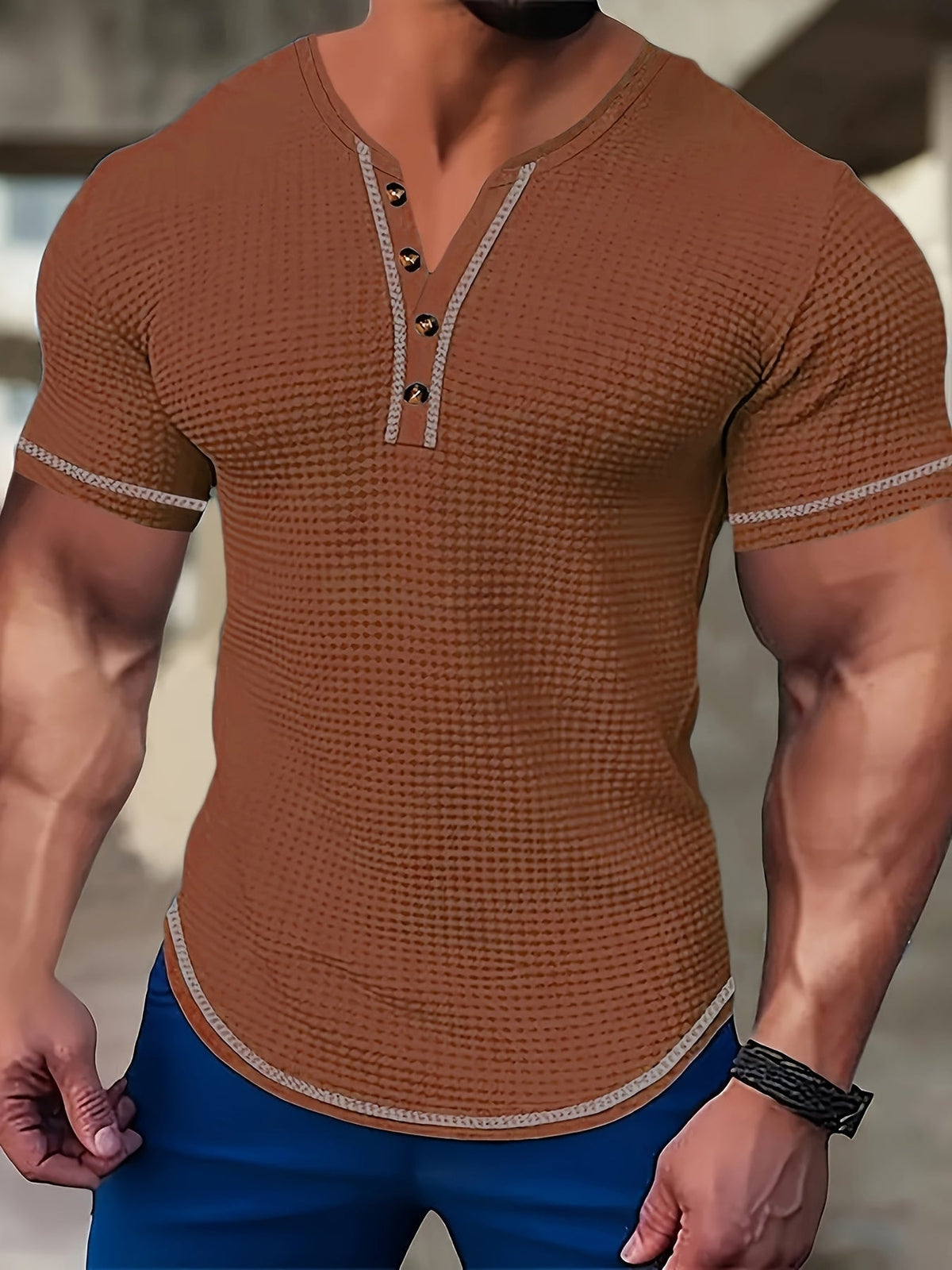 Kessoro men's textured waffle short-sleeve henley shirt in pink, khaki, light blue, navy and black, men's tops — view 3 of 6