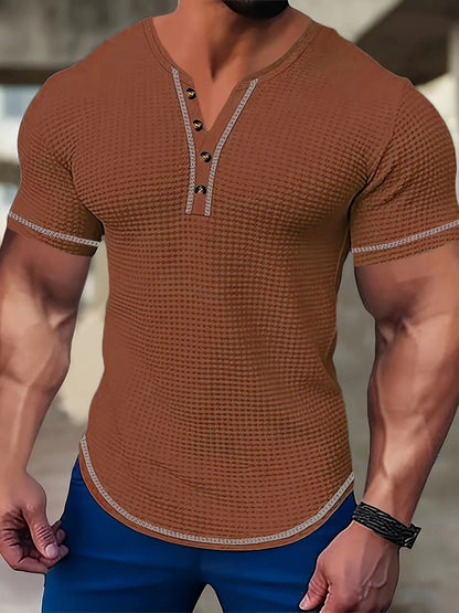Kessoro men's textured waffle short-sleeve henley shirt in pink, khaki, light blue, navy and black, men's tops — view 3 of 6