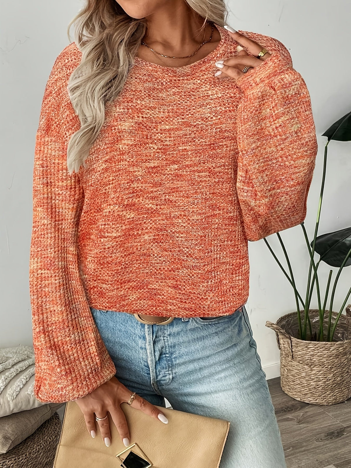 Kessoro women's relaxed waffle-knit pullover sweater in a warm orange-red colourway