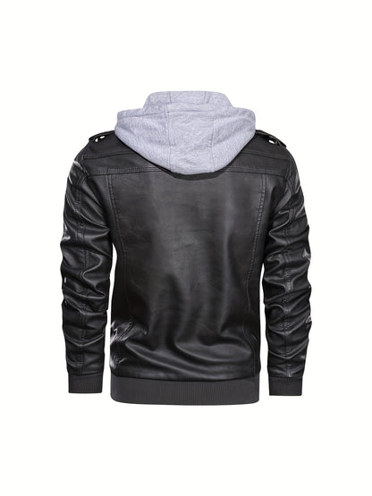 Kessoro men's hooded moto biker jacket in black, dark grey or coffee brown, view 13 of 30