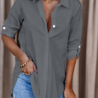 Kessoro Women's relaxed fit roll-tab sleeve collared shirt in white, red, black and more, view 18