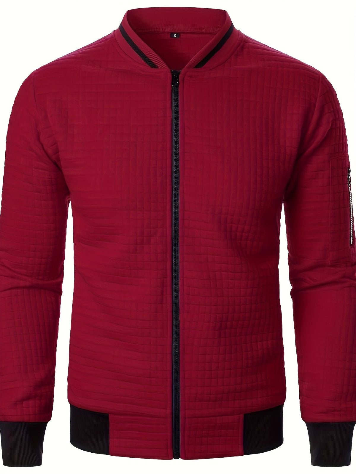 Men's textured stand-collar zip-up bomber jacket in khaki, black, dark gray, military green, navy and burgundy, side view 4