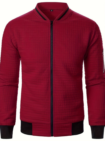 Men's textured stand-collar zip-up bomber jacket in khaki, black, dark gray, military green, navy and burgundy, side view 4