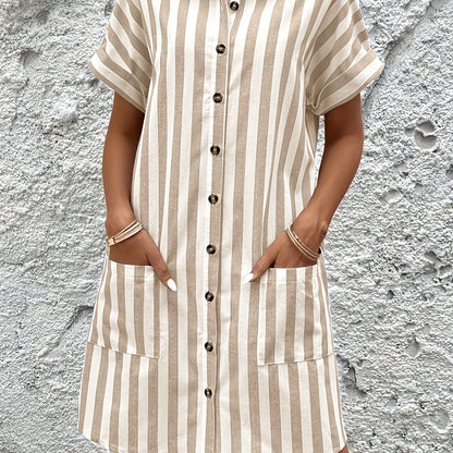 Kessoro women's belted striped short-sleeve shirt dress in apricot and sky blue