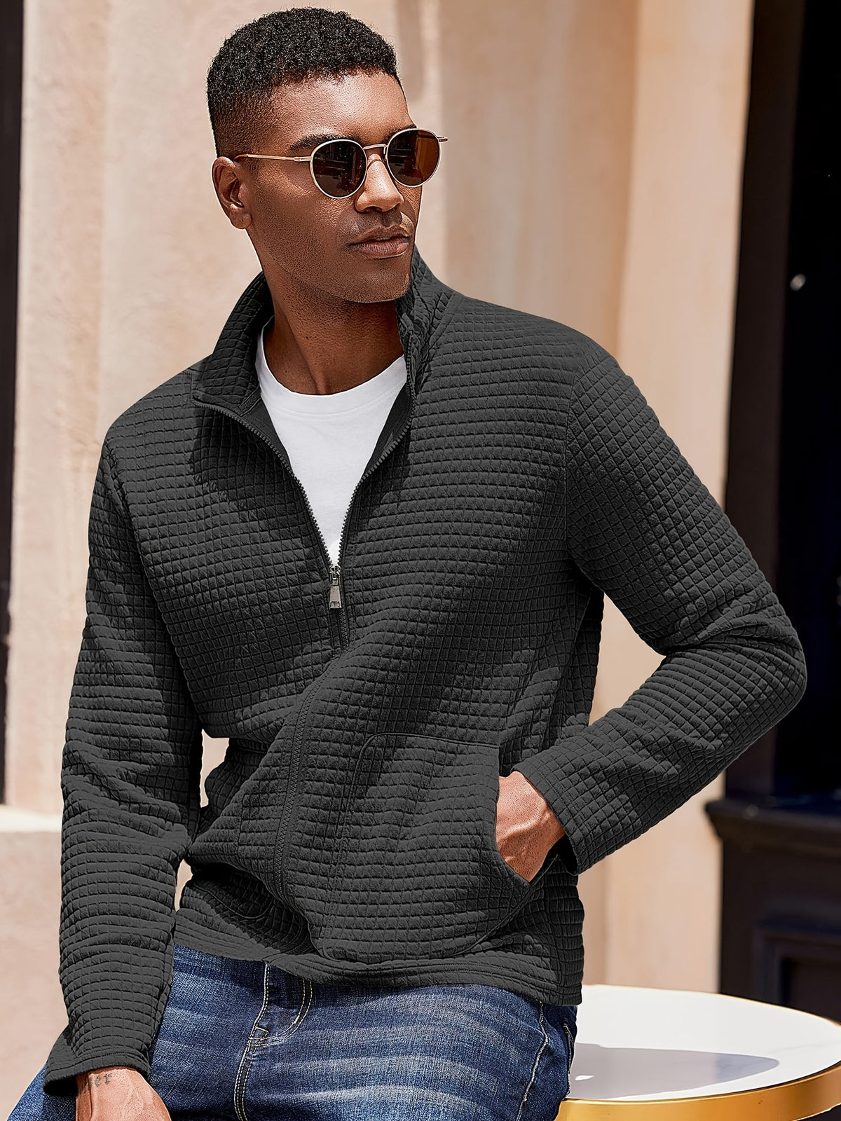 Kessoro Men's Textured Stand-Collar Full-Zip Jacket in white, khaki and black, image 14 of 18.