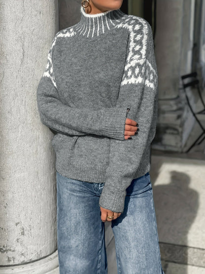 Kessoro women's contrast-trim mock neck knit sweater in dark grey and grey