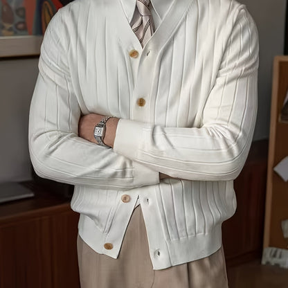 Kessoro Men's Ribbed Button-Up Knit Cardigan in white, sky blue and black, image 1 of 18.
