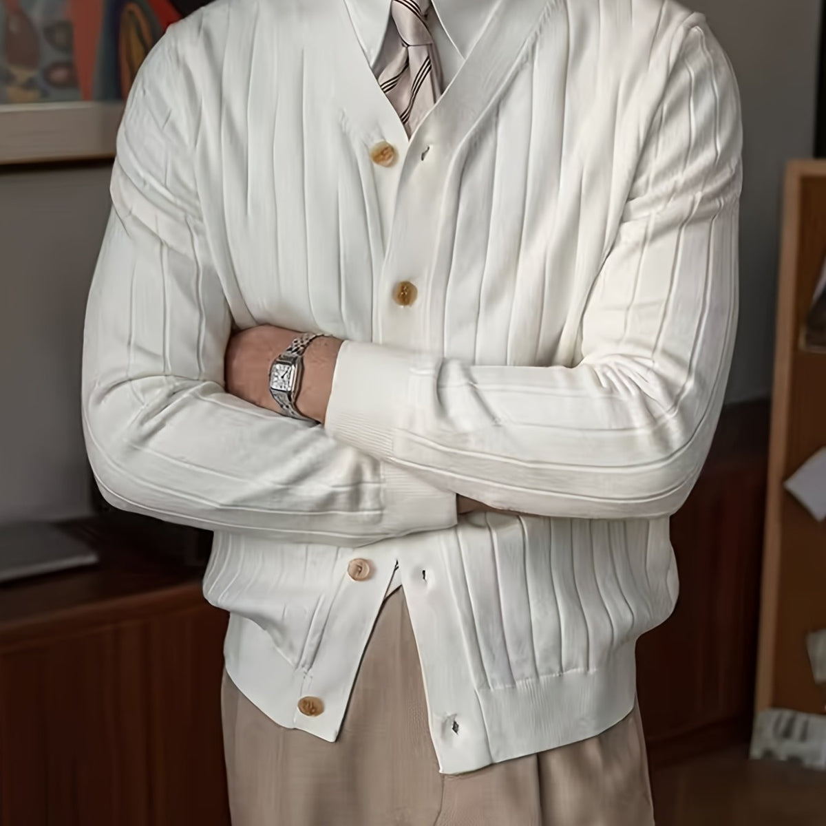 Kessoro Men's Classic Button-Up Knit Cardigan in white, sky blue and black - men's apparel, view 11 of 13