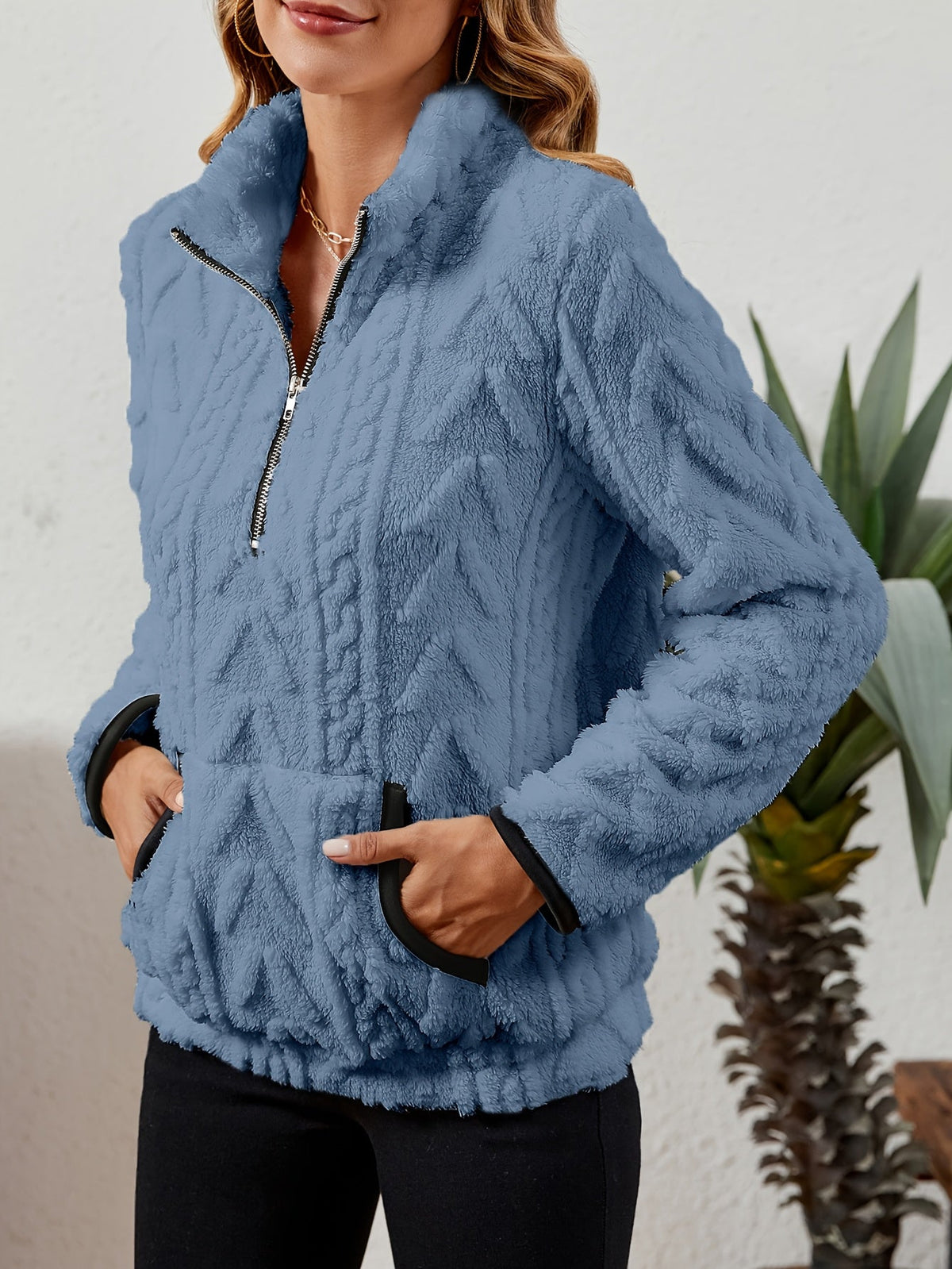 Kessoro women's plush textured half-zip pullover in burgundy, grey, pink, white, khaki, purple and blue - product view 61