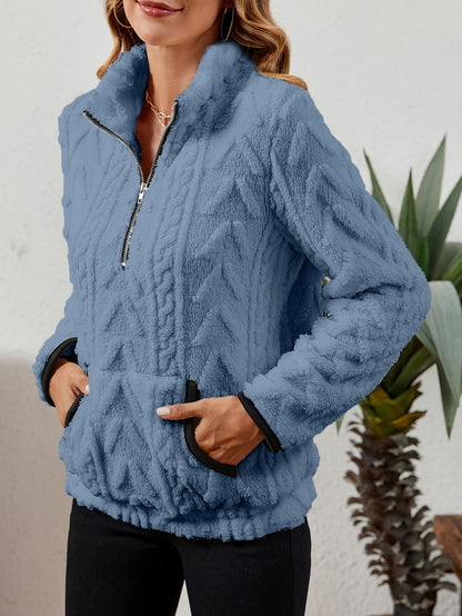 Kessoro women's plush textured half-zip pullover in burgundy, grey, pink, white, khaki, purple and blue - product view 61