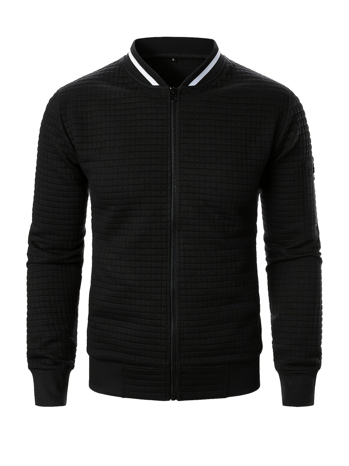 Men's textured stand-collar zip-up bomber jacket in khaki, black, dark gray, military green, navy and burgundy, collar detail view