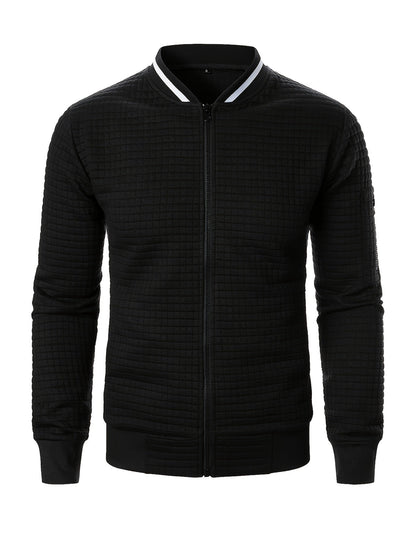Men's textured stand-collar zip-up bomber jacket in khaki, black, dark gray, military green, navy and burgundy, collar detail view