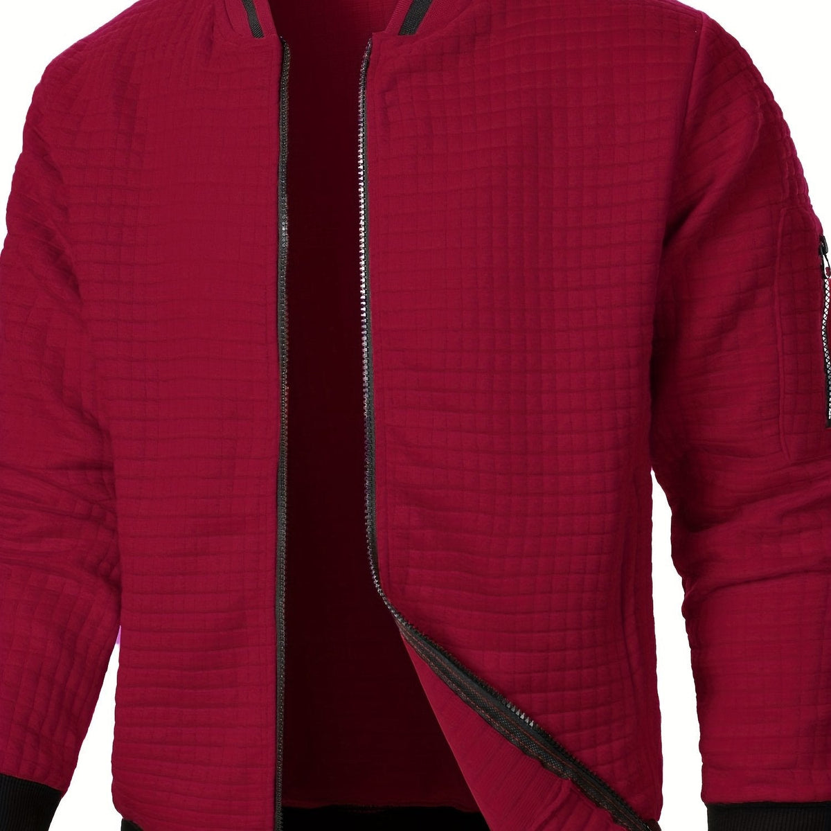 Men's textured stand-collar zip-up bomber jacket in khaki, black, dark gray, military green, navy and burgundy, full-length view 3