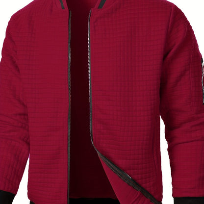 Men's textured stand-collar zip-up bomber jacket in khaki, black, dark gray, military green, navy and burgundy, full-length view 3