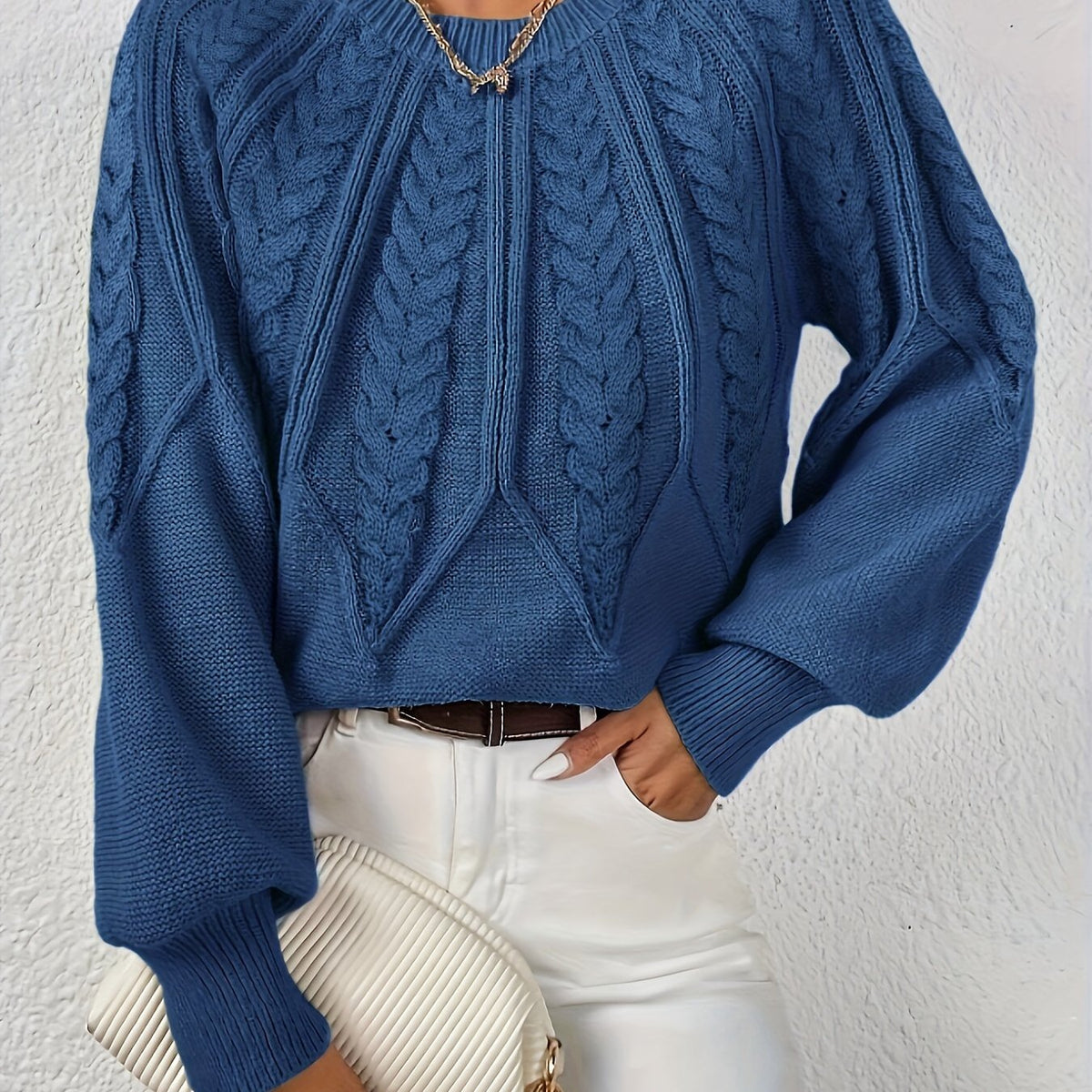 Kessoro women's cable-knit round-neck sweater in neutral and jewel-tone colourways, women's knitwear — view 19 of 23