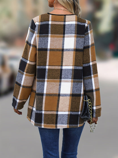 Kessoro women's draped open-front plaid jacket in classic check colourways