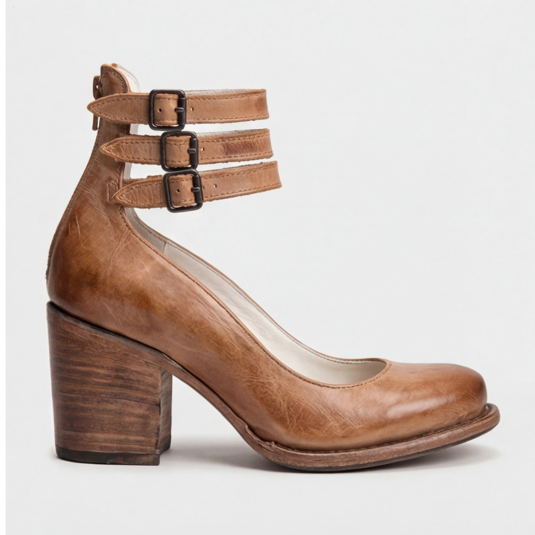 Women's light brown retro ankle-strap heels