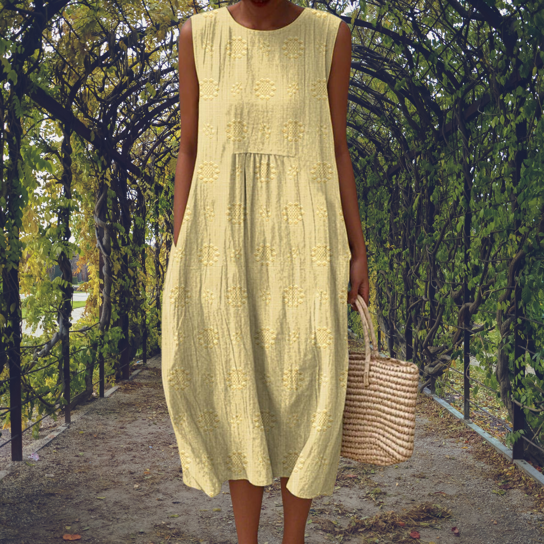 Women's embroidered sleeveless pocket dress in green, blue, yellow, white, red and orange