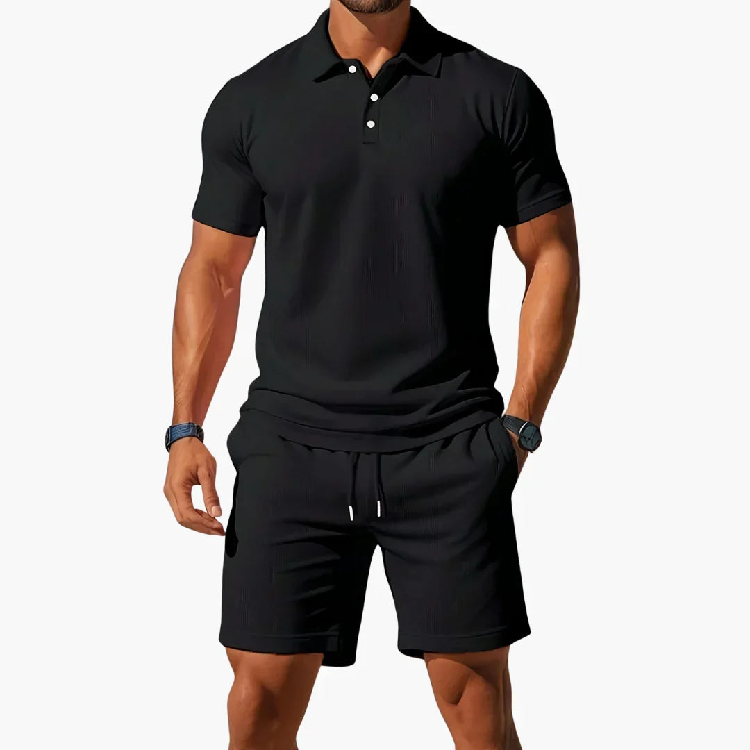 Men's classic summer polo and shorts set in blue, grey, orange and black tones, shown for menswear styling