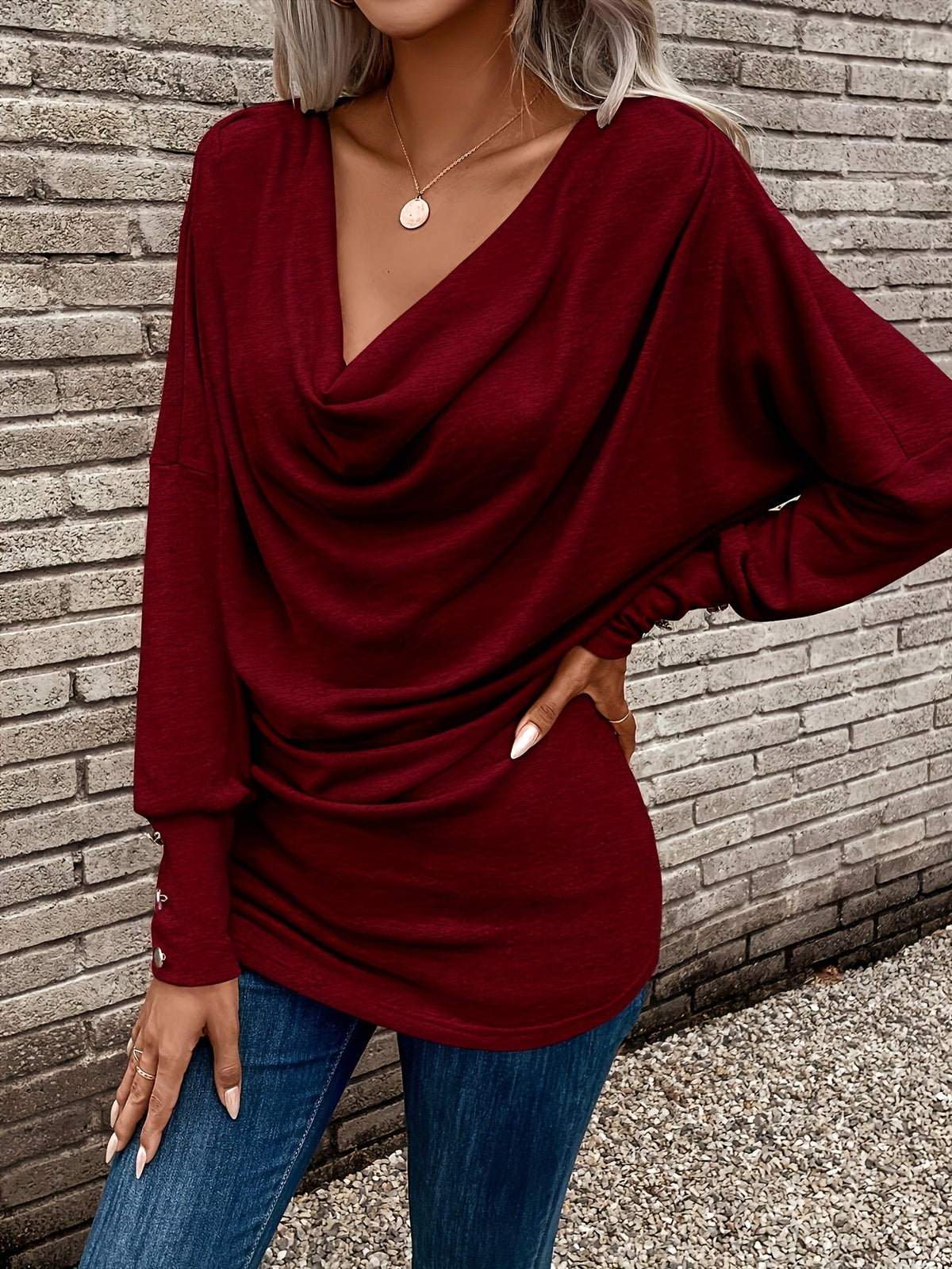 Kessoro women's relaxed drape long sleeve top in blue, burgundy, graphite, black, navy and light grey - view 7 of 17