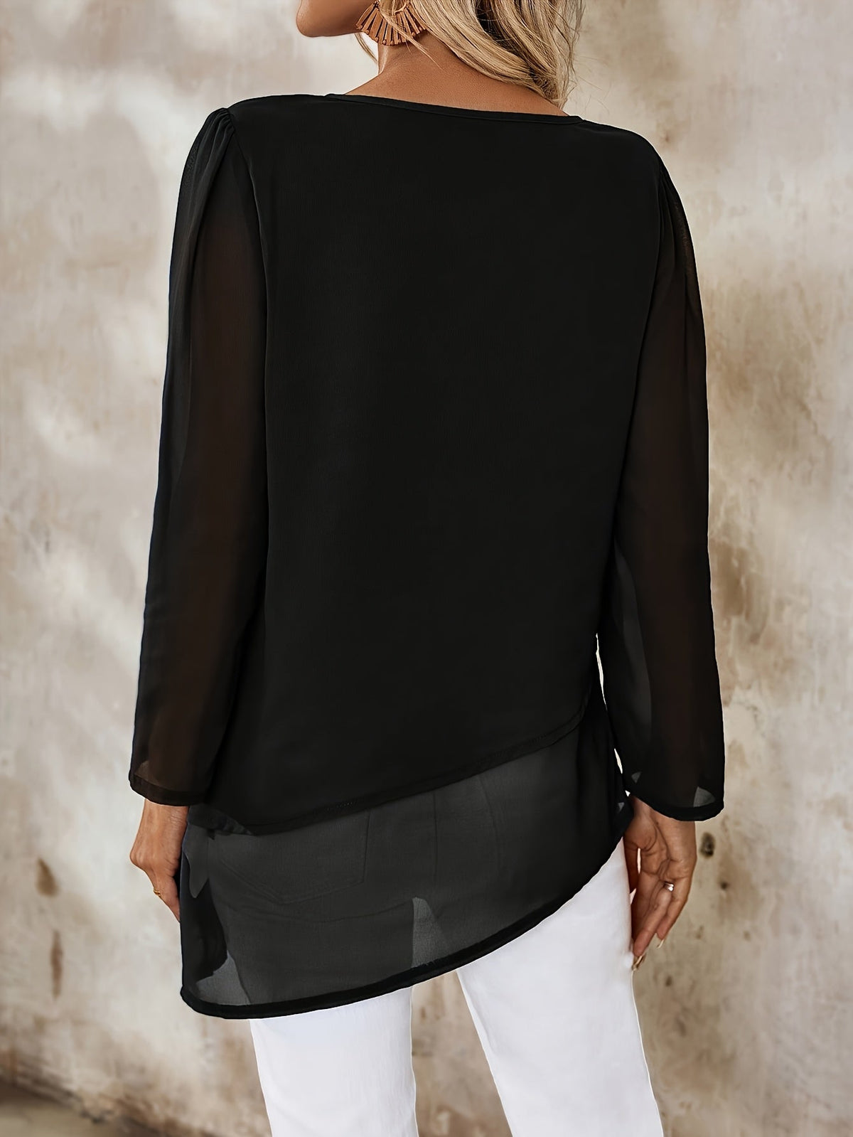 Kessoro women's layered sheer irregular-hem blouse in black and green - view 3 of 11