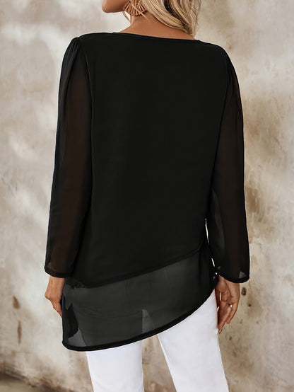 Kessoro women's layered sheer irregular-hem blouse in black and green - view 3 of 11