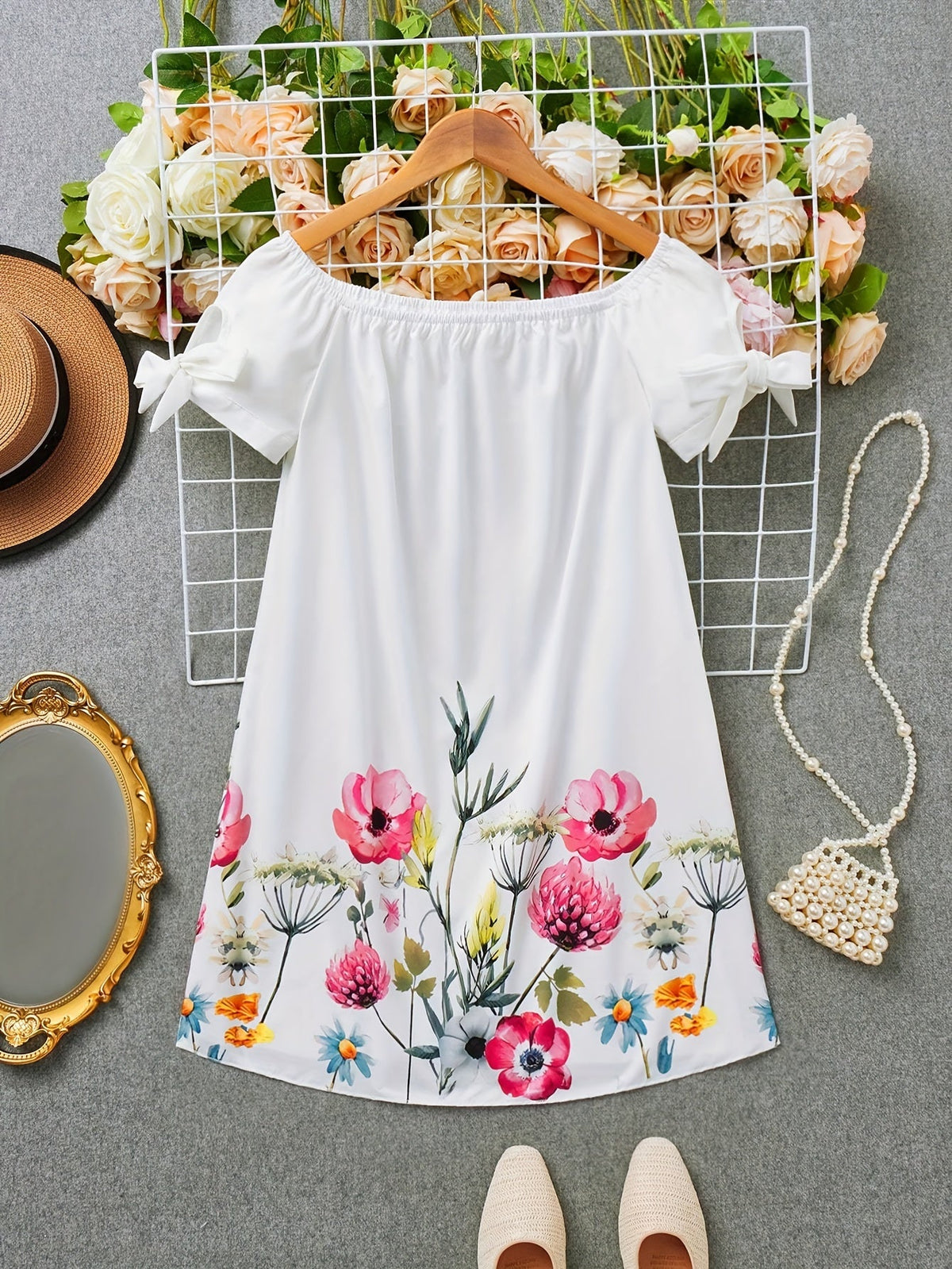 Kessoro women's floral off-shoulder bow-sleeve dress shown in white, black and pink colourways on a female model