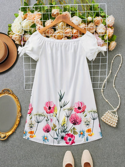 Kessoro women's floral off-shoulder bow-sleeve dress shown in white, black and pink colourways on a female model