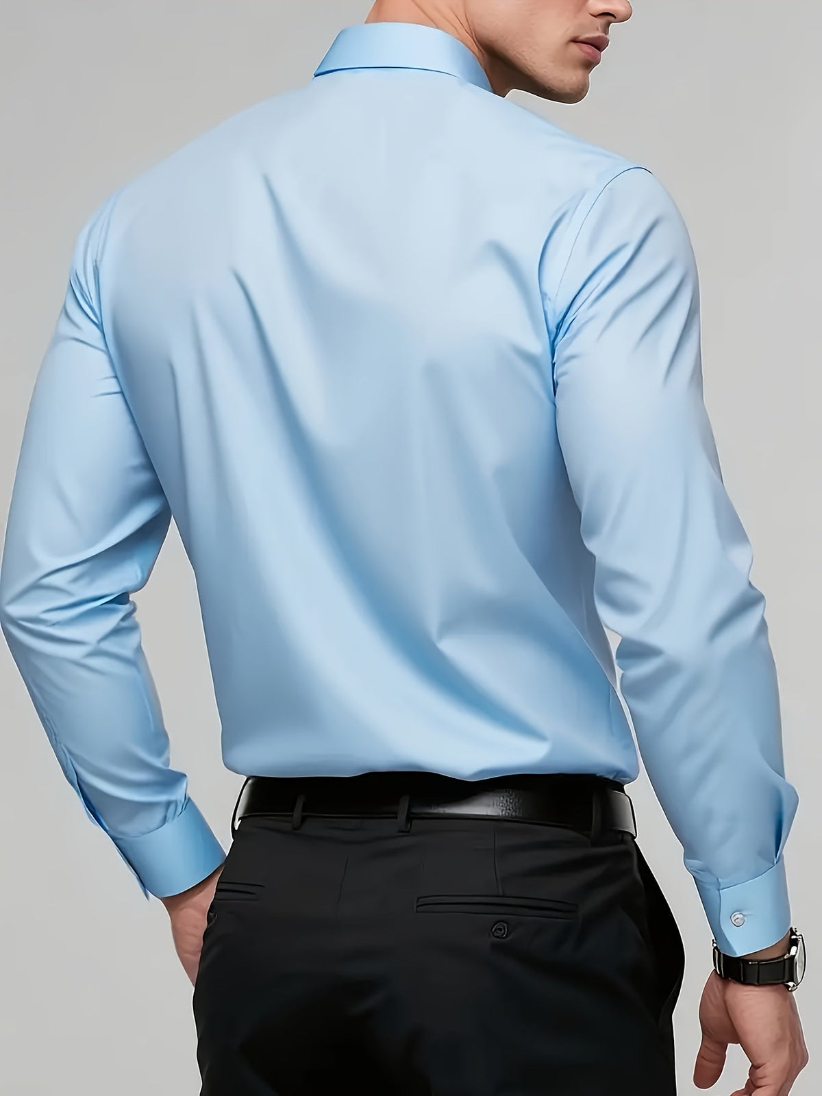 Men's tailored long-sleeve button-up shirt in sky blue, light grey and white, detail view