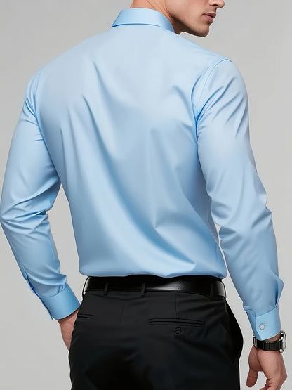 Men's tailored long-sleeve button-up shirt in sky blue, light grey and white, detail view
