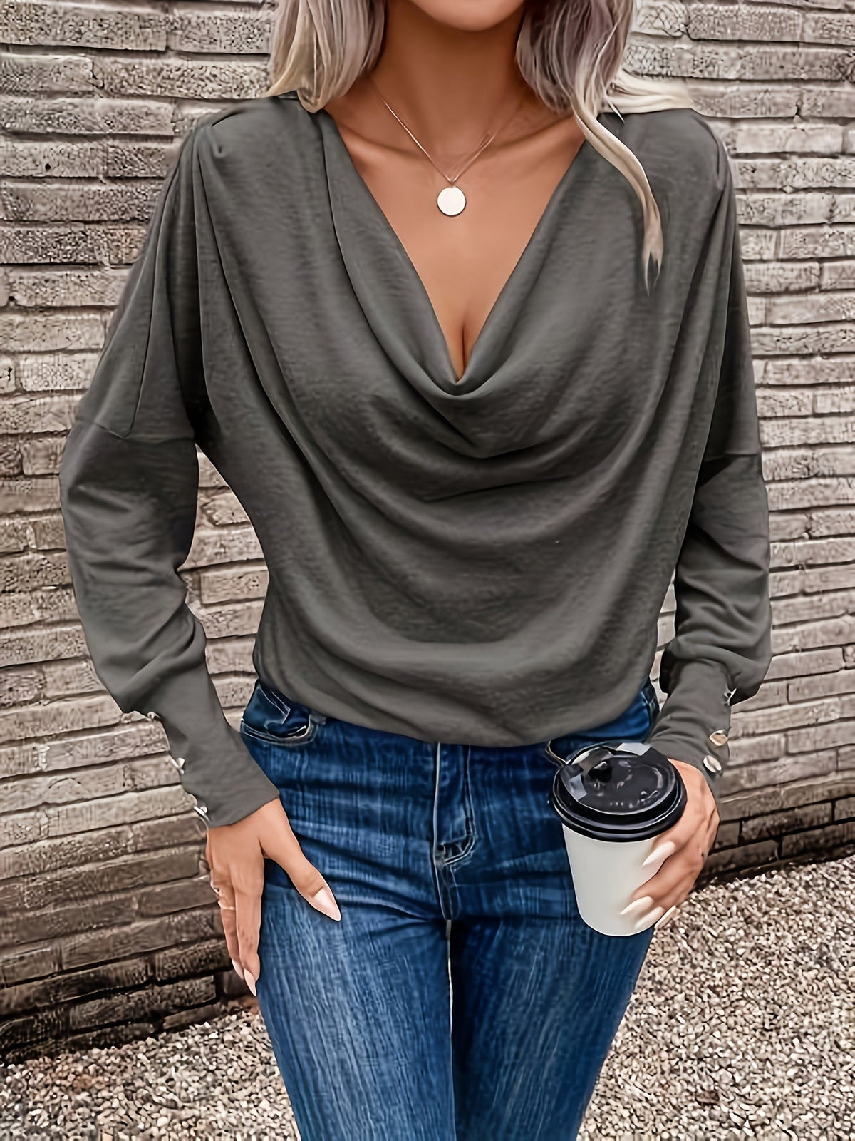 Kessoro women's relaxed drape long sleeve top in blue, burgundy, graphite, black, navy and light grey - view 14 of 17