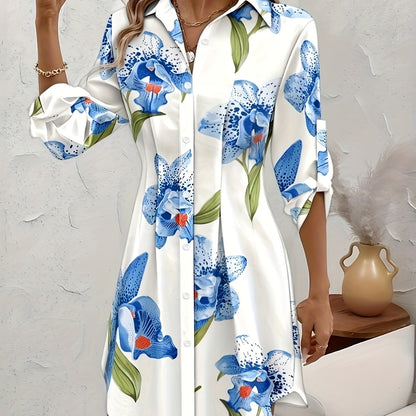 Kessoro women's floral button-front shirt dress shown in sky blue and white colourways on a female model
