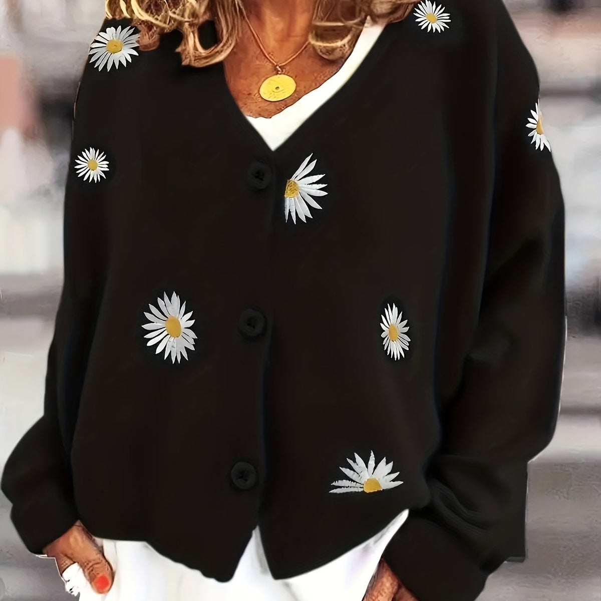 Kessoro women's floral embroidered button-front knit cardigan in green, blue, black, grey and yellow