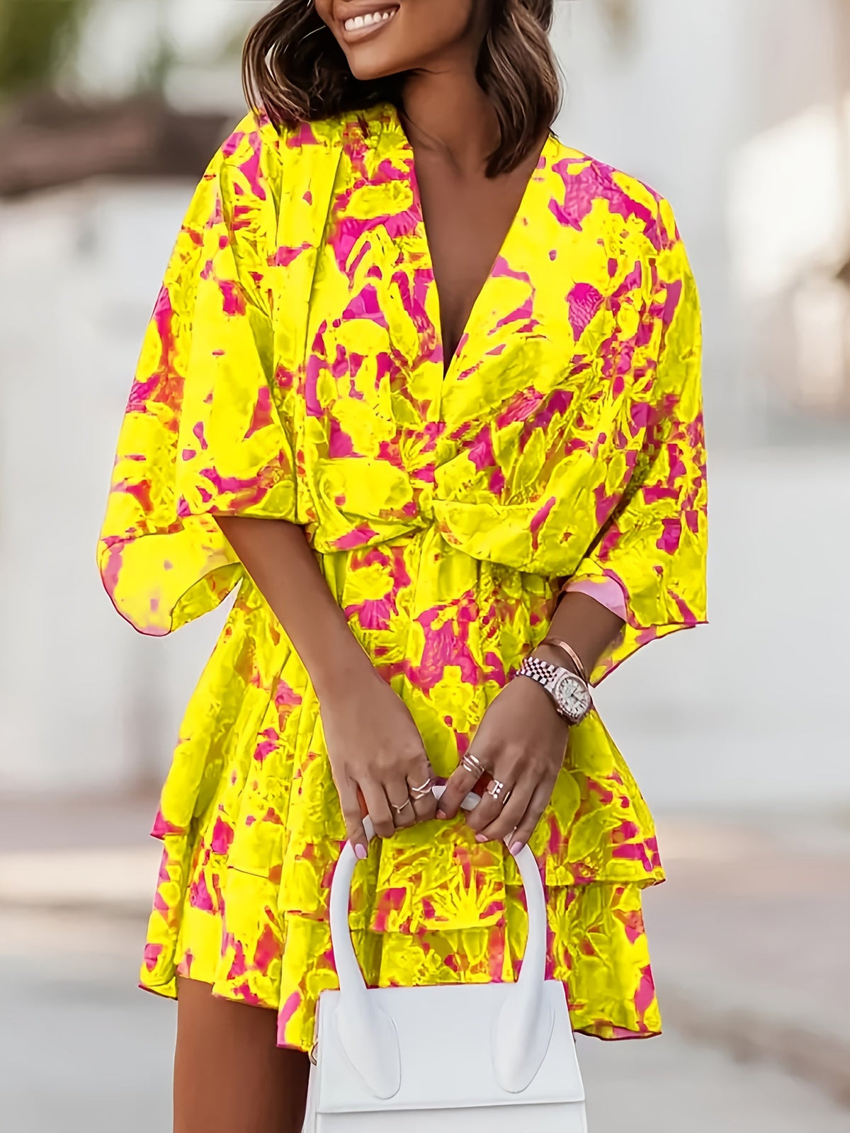 Kessoro women's batwing-sleeve tiered wrap dress shown in orange red and black colourways on a female model