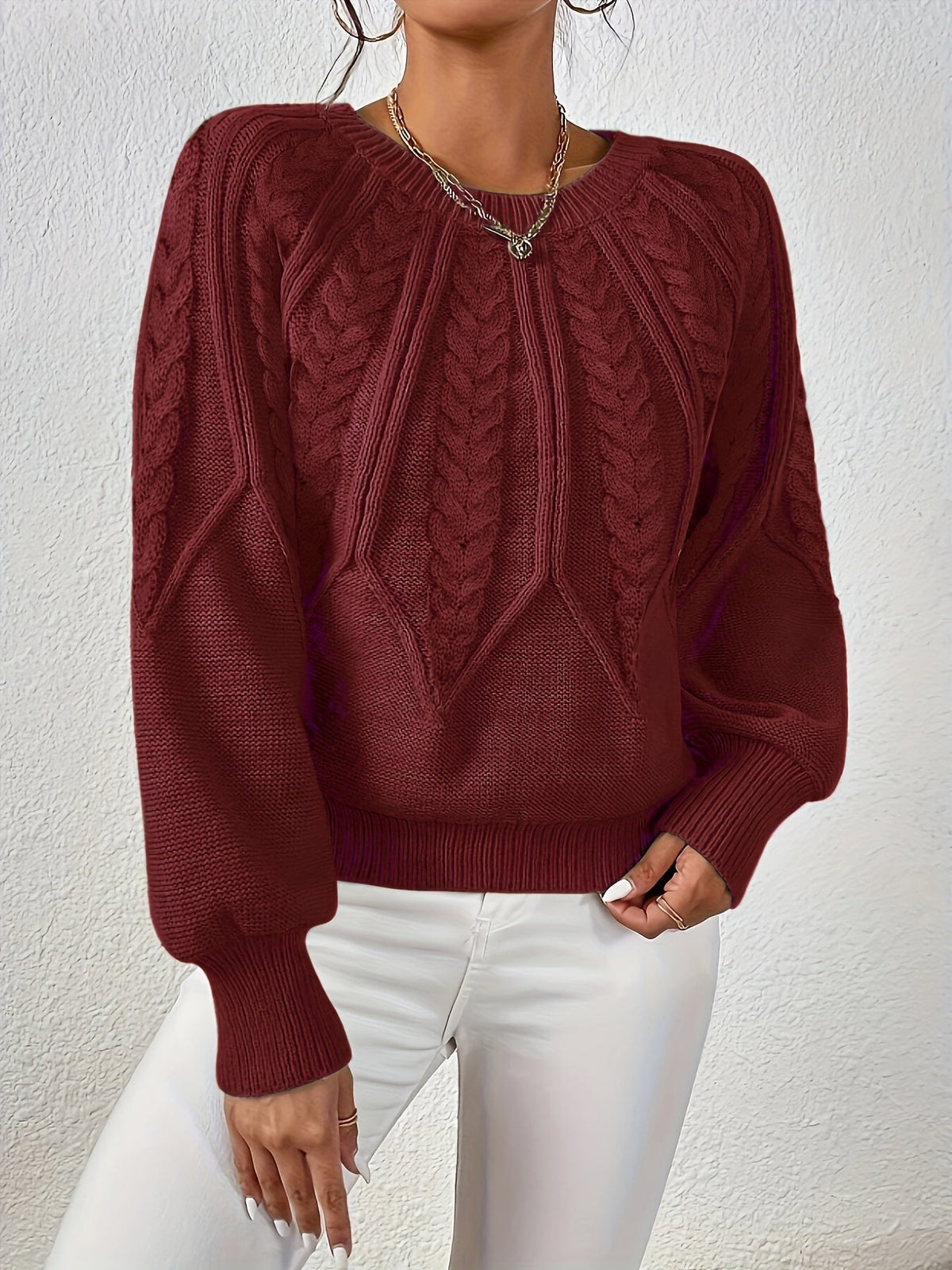 Kessoro women's relaxed cable-knit lantern-sleeve sweater in matcha, beige, burgundy, navy and camel
