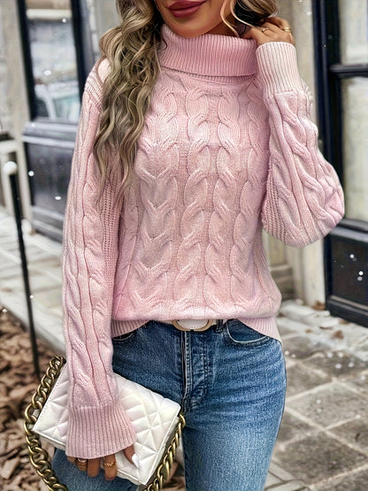Kessoro women's cable-knit turtleneck sweater in red, black, grey, royal blue, violet, white and pink - product view 46