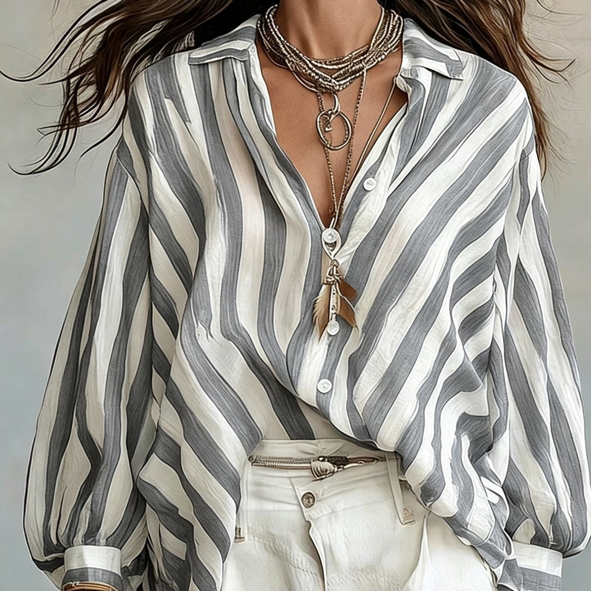 Kessoro women's relaxed striped open-collar shirt in grey, khaki and blue stripes – view 7
