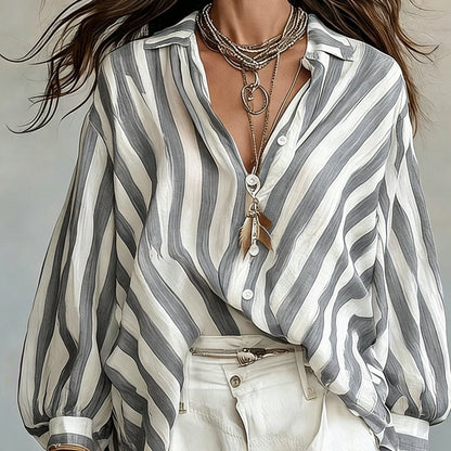 Kessoro women's relaxed striped open-collar shirt in grey, khaki and blue stripes – view 7