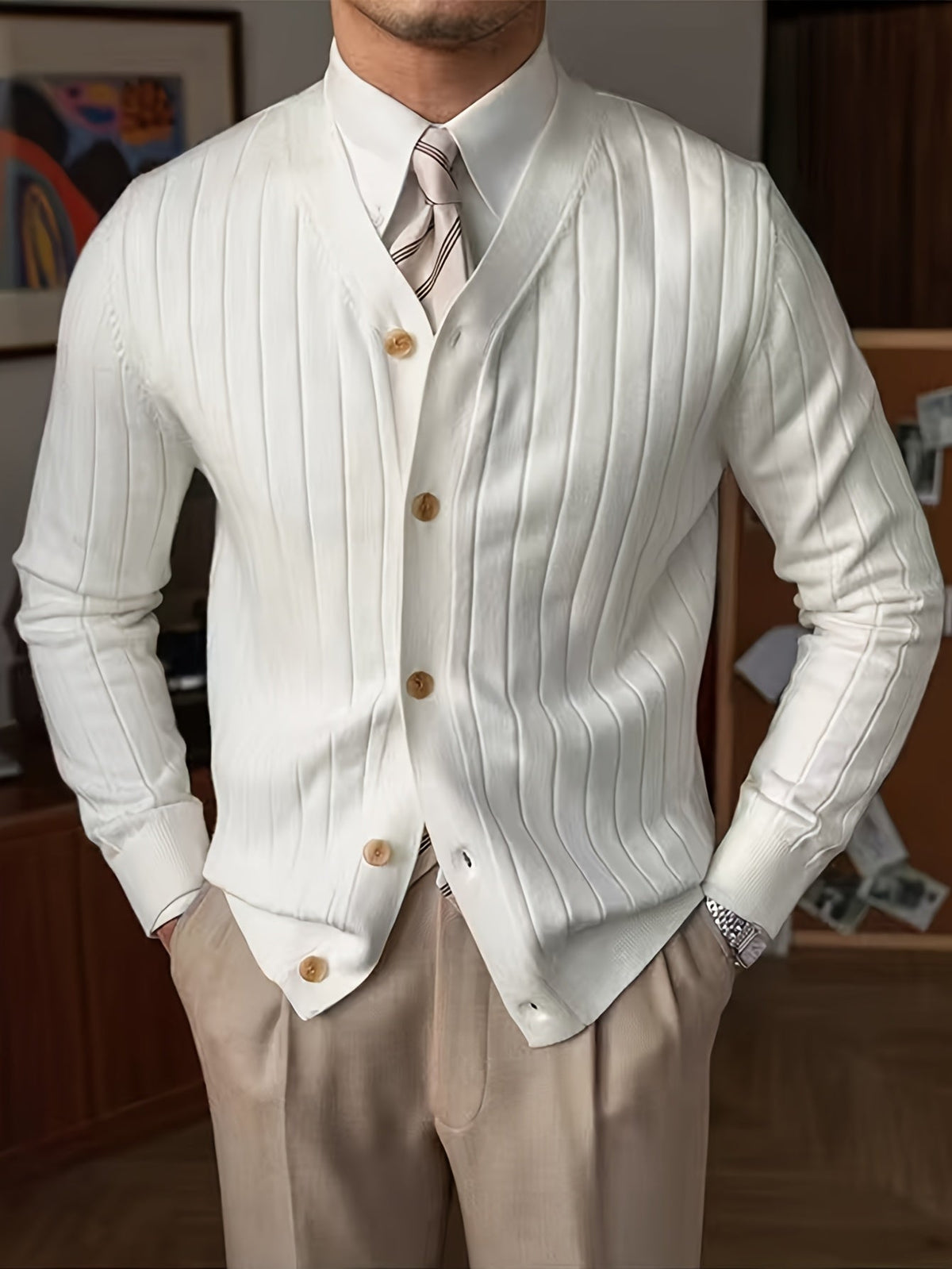 Kessoro Men's Ribbed Button-Up Knit Cardigan in white, sky blue and black, image 2 of 18.