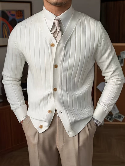 Kessoro Men's Ribbed Button-Up Knit Cardigan in white, sky blue and black, image 2 of 18.