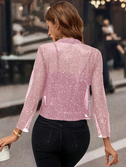 Kessoro women's shimmer cropped open-front bolero jacket in deep grey, sky blue, pink and purple